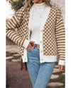 Brown Checkered Striped Patched Buttoned V Neck Cardigan - L