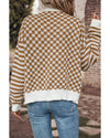 Brown Checkered Striped Patched Buttoned V Neck Cardigan - M