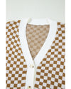 Brown Checkered Striped Patched Buttoned V Neck Cardigan - M