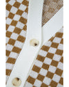 Brown Checkered Striped Patched Buttoned V Neck Cardigan - M