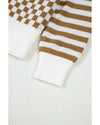 Brown Checkered Striped Patched Buttoned V Neck Cardigan - M