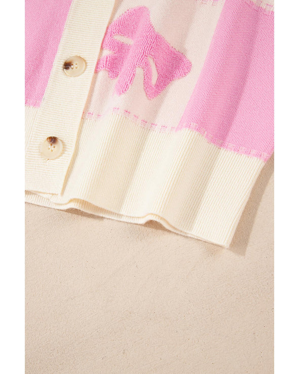 Pink Bowknot Checkered Pattern V Neck Drop Shoulder Button Up Cardigan - M