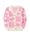 Pink Bowknot Checkered Pattern V Neck Drop Shoulder Button Up Cardigan - M