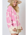 Pink Bowknot Checkered Pattern V Neck Drop Shoulder Button Up Cardigan - S
