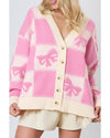 Pink Bowknot Checkered Pattern V Neck Drop Shoulder Button Up Cardigan - XL