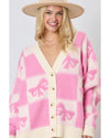 Pink Bowknot Checkered Pattern V Neck Drop Shoulder Button Up Cardigan - XL