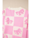 Pink Bowknot Checkered Pattern V Neck Drop Shoulder Button Up Cardigan - XL