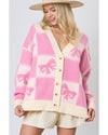 Pink Bowknot Checkered Pattern V Neck Drop Shoulder Button Up Cardigan - XL