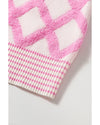 Pink Rhombus Pattern Knit Open Front Pocketed Cardigans - L