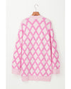 Pink Rhombus Pattern Knit Open Front Pocketed Cardigans - L