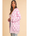 Pink Rhombus Pattern Knit Open Front Pocketed Cardigans - M