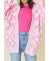 Pink Rhombus Pattern Knit Open Front Pocketed Cardigans - M