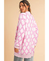 Pink Rhombus Pattern Knit Open Front Pocketed Cardigans - M