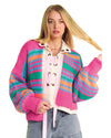 Rose Stripe Colorful Puff Sleeve Drop Shoulder Loose Cardigan - S
