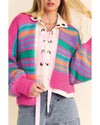 Rose Stripe Colorful Puff Sleeve Drop Shoulder Loose Cardigan - S