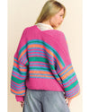Rose Stripe Colorful Puff Sleeve Drop Shoulder Loose Cardigan - XL