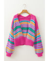 Rose Stripe Colorful Puff Sleeve Drop Shoulder Loose Cardigan - XL