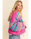 Rose Stripe Colorful Puff Sleeve Drop Shoulder Loose Cardigan - XL