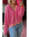 Pink Striped Buttoned V Neck Drop Shoulder Cardigan - M