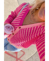 Pink Striped Buttoned V Neck Drop Shoulder Cardigan - M