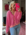 Pink Striped Buttoned V Neck Drop Shoulder Cardigan - M