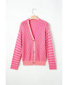 Pink Striped Buttoned V Neck Drop Shoulder Cardigan - M