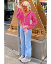 Pink Striped Buttoned V Neck Drop Shoulder Cardigan - XL