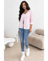 Light Pink Checkered Knitted Lace-up Ruffled 3/4 Sleeve Cardigan - XL
