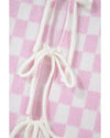 Light Pink Checkered Knitted Lace-up Ruffled 3/4 Sleeve Cardigan - XL