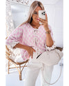 Light Pink Checkered Knitted Lace-up Ruffled 3/4 Sleeve Cardigan - XL