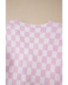 Light Pink Checkered Knitted Lace-up Ruffled 3/4 Sleeve Cardigan - XL
