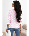 Light Pink Checkered Knitted Lace-up Ruffled 3/4 Sleeve Cardigan - XL