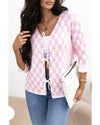 Light Pink Checkered Knitted Lace-up Ruffled 3/4 Sleeve Cardigan - XL
