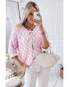 Light Pink Checkered Knitted Lace-up Ruffled 3/4 Sleeve Cardigan - XL