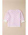 Light Pink Checkered Knitted Lace-up Ruffled 3/4 Sleeve Cardigan - XL