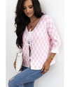 Light Pink Checkered Knitted Lace-up Ruffled 3/4 Sleeve Cardigan - XL
