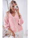 Pink Ribbed Knit Scalloped Edge Side Pockets Buttoned Cardigan - L