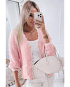 Pink Ribbed Knit Scalloped Edge Side Pockets Buttoned Cardigan - L