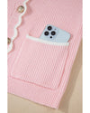 Pink Ribbed Knit Scalloped Edge Side Pockets Buttoned Cardigan - XL