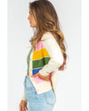 White Stripe Colorful Pattern Button Front Sweater Cardigan - L