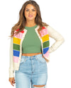 White Stripe Colorful Pattern Button Front Sweater Cardigan - L