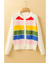 White Stripe Colorful Pattern Button Front Sweater Cardigan - S
