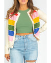 White Stripe Colorful Pattern Button Front Sweater Cardigan - XL