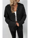 Black Drawstring Hooded Button Up Drop Shoulder Sweater Cardigan - S