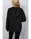 Black Drawstring Hooded Button Up Drop Shoulder Sweater Cardigan - S