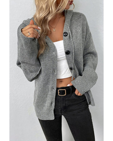 Medium Grey Drawstring Hooded Button Up Drop Shoulder Sweater Cardigan - S
