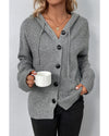 Medium Grey Drawstring Hooded Button Up Drop Shoulder Sweater Cardigan - S