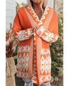 Orange Printed Aztec Print Open Front Knitted Cardigan - M