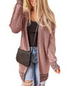 Pink Plaid Knitted Long Open Front Cardigan - L