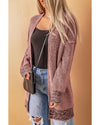 Pink Plaid Knitted Long Open Front Cardigan - L